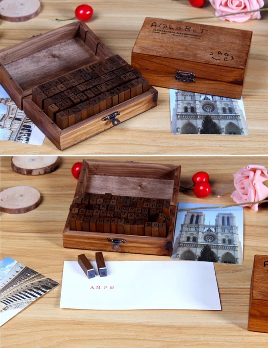 UCEC Sellos de Letras y Números, 70 Piezas de Madera con Letras del Alfabeto, Números, Símbolos, Sellos de goma, Caja Vintage Fácil Almacenaje, para hacer tarjetas, diarios, scrapbooking y manualidade