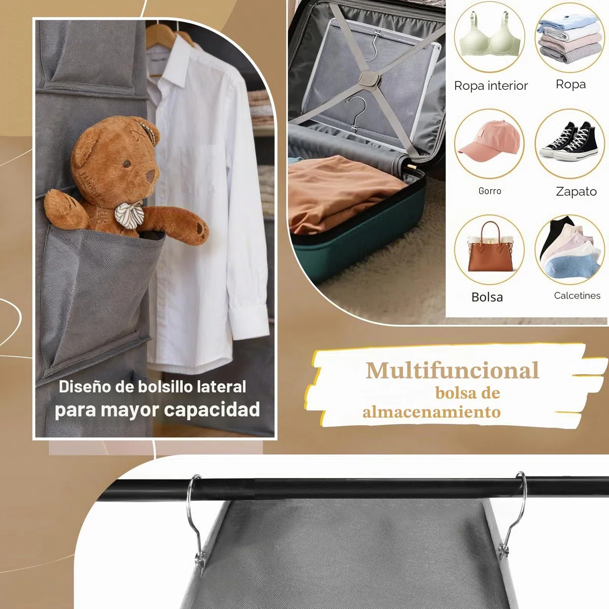 JSMTKJ Organizador Armario, Organizador Colgante 6 Compartimentos Plegables para Ahorro de Espacio, Ganchos de Metal Reforzados para Armario o Dormitorio
