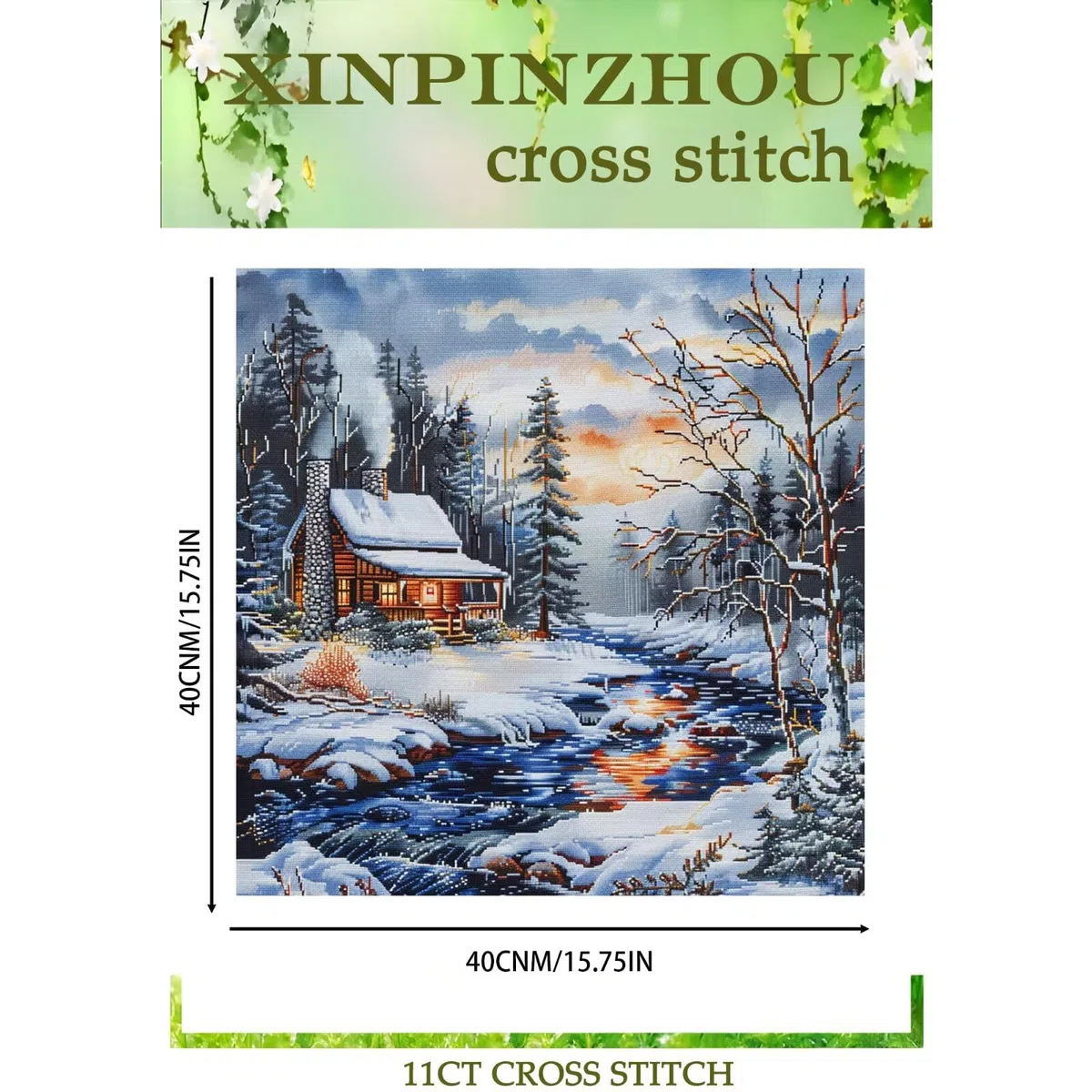 Xinpinzhou Kit Punto de Cruz con Hilos y Tela Impresa Completo 40x40 cm | Patrones Paisaje Nevado 11 Cuadros, Esquemas de Bordado Principiantes, Manualidades DIY para Decoracion Hogar o Regalo Madre