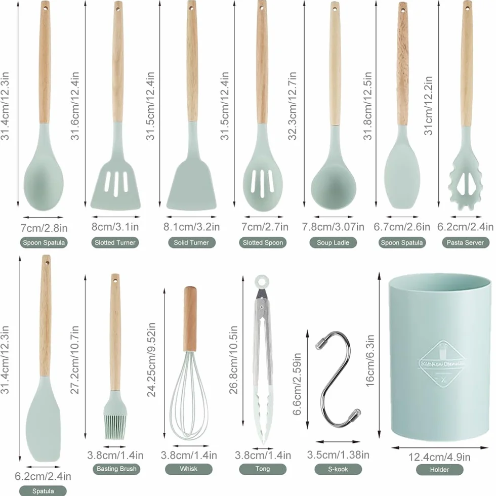 Set de utensilios de cocina, 12 piezas, utensilios de cocina con mango de silicona y madera, saludables, con revestimiento antiadherente, aptos para lavavajillas, diseño resistente al calor.