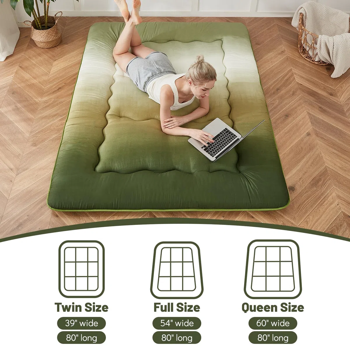 Zelladorra Colchón japonés de suelo, colchón futón con bolsa de almacenamiento portátil, colchón enrollable grueso de tatami adecuado para camping, habitación de invitados (degradado bosque,