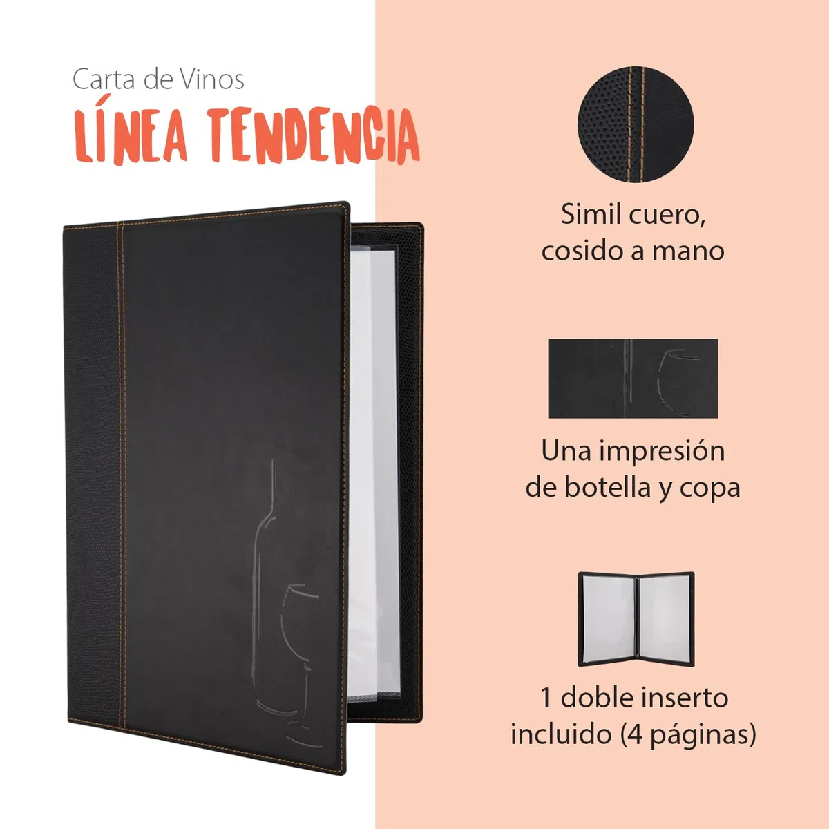 SECURIT - Carta de Vinos Trendy Line - 2 Insertos Fijos = 4 Hojas A4 - Café, Bar, Restaurante - PVC - Color Negro