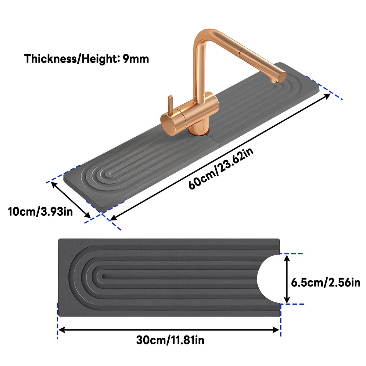 Absorbent Faucet Mat, Alfombrilla Grifo Cocina, Alfombrilla de Grifo de Diatomea-Tamaño Grande 60 x 10 cm, para Espacios Estrechos en Cocinas y Baños, Fácil de Limpiar y Duradera (Gris Oscuro)