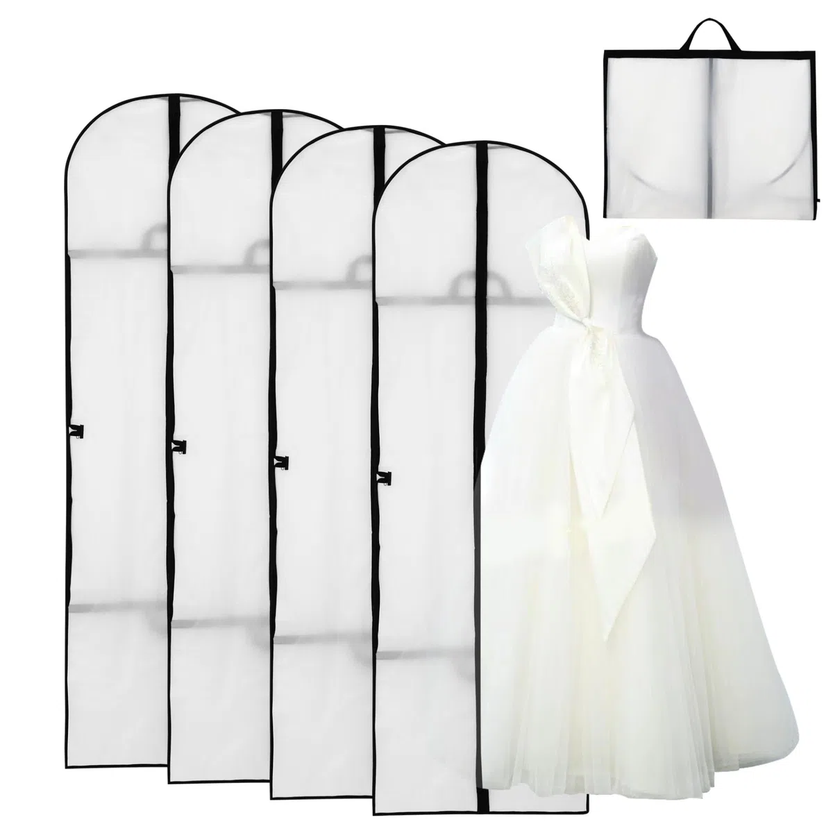 4 Piezas Fundas Ropa 60 x 180 cm, Portatrajes Largos, Plegable Fundas de Ropa Blanco, a Prueba de Polvo, Impermeable, Resistente, Bolsa de Ropa de Boda, Bolsa de Ropa de Vestido de Noche