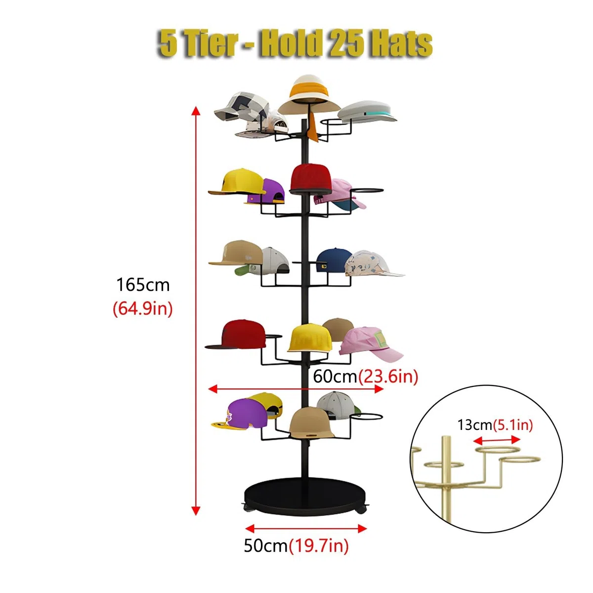 Expositor de Sombreros, Estante de Almacenamiento de Sombreros de 4, 5, 6 y 7 Niveles, Torre de exhibición de Gorras de Metal Independiente con Ruedas giratoria,White-5