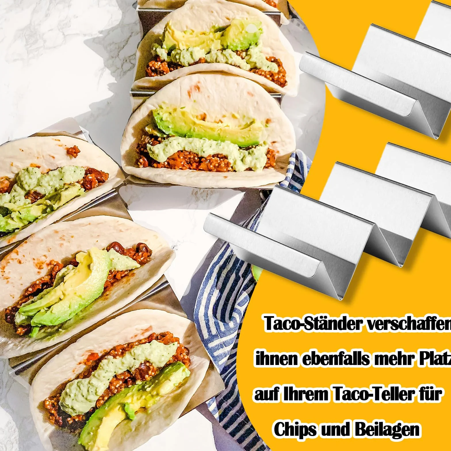 Soporte para Tacos, 4 Soportes para Tacos de Acero Inoxidable con Asas Incorporadas, Bandeja para Taco Burritos Tapas, Sujetar Tacos, Bocadillos, Perritos Calientes y Tortitas Seguro Horno y Parrilla