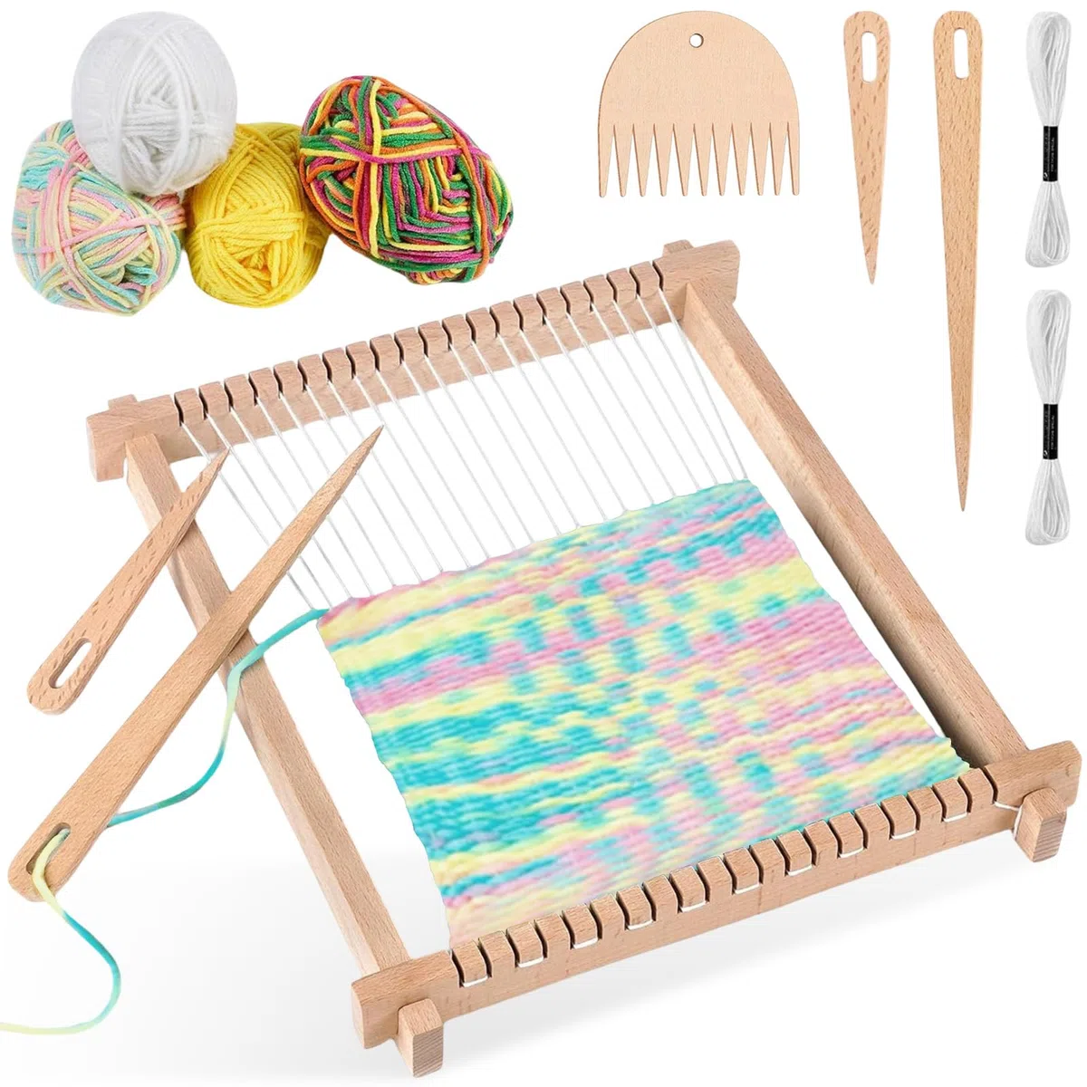 Juego Telar Madera 24 * 28cm con Hilos & Peine, Kit Marco Telaio Tejer Niños, Lanzadera y Lana para Infantil y Adultos Principiantes, Maquina Tejer para Hacer Alfombras, Posavasos & Bufandas
