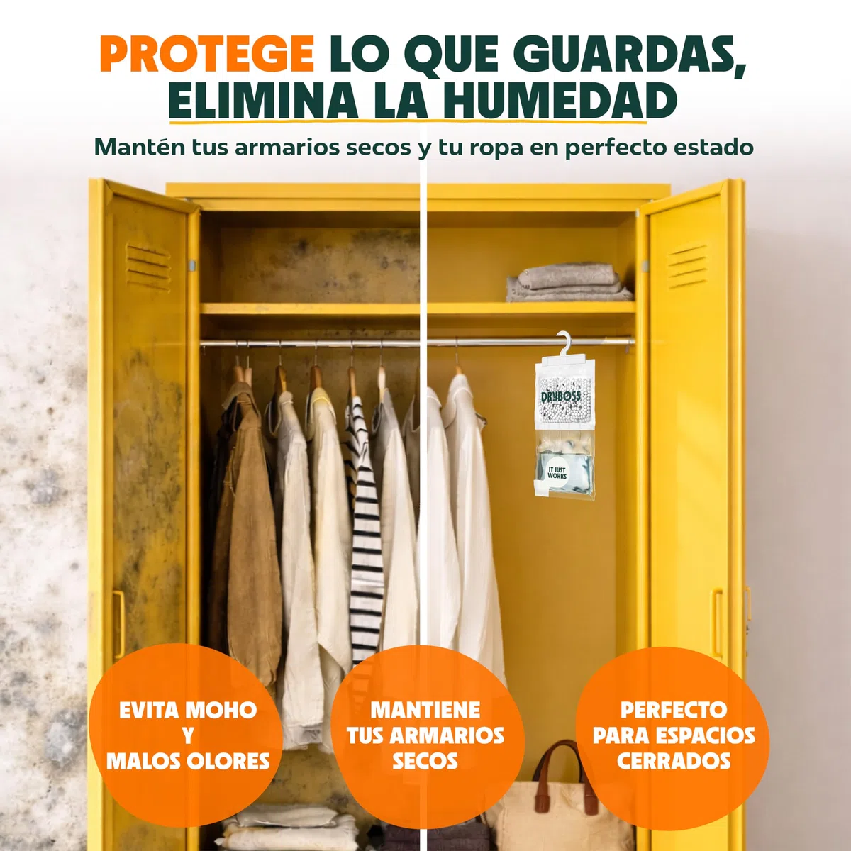 Bolsas Antihumedad Armarios XL - DRYBOSS - Deshumidificador para armario que absorbe humedad y condensación en pared, habitación, cajones y ropa, ayuda contra moho y olores - Pack 10 (2,5 kg)
