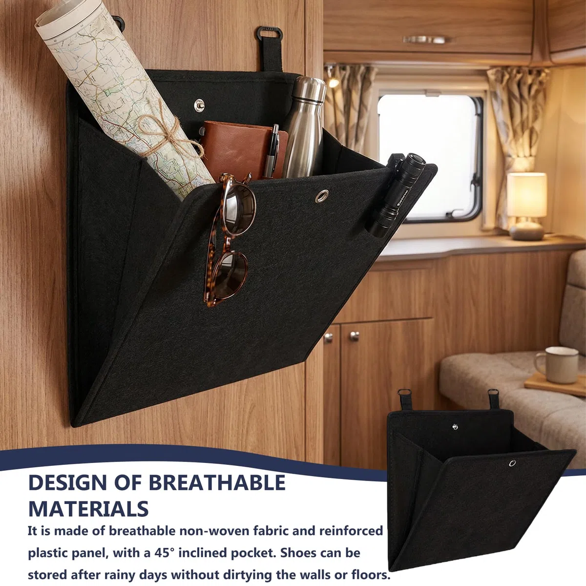 GBKDQQ 4 organizadores de zapatos colgantes con ganchos adhesivos, 26,5 x 27,5 cm, sin agujeros, bolsa de almacenamiento para colgar en la pared, apertura de 45°, plegable para caravanas, apartamentos