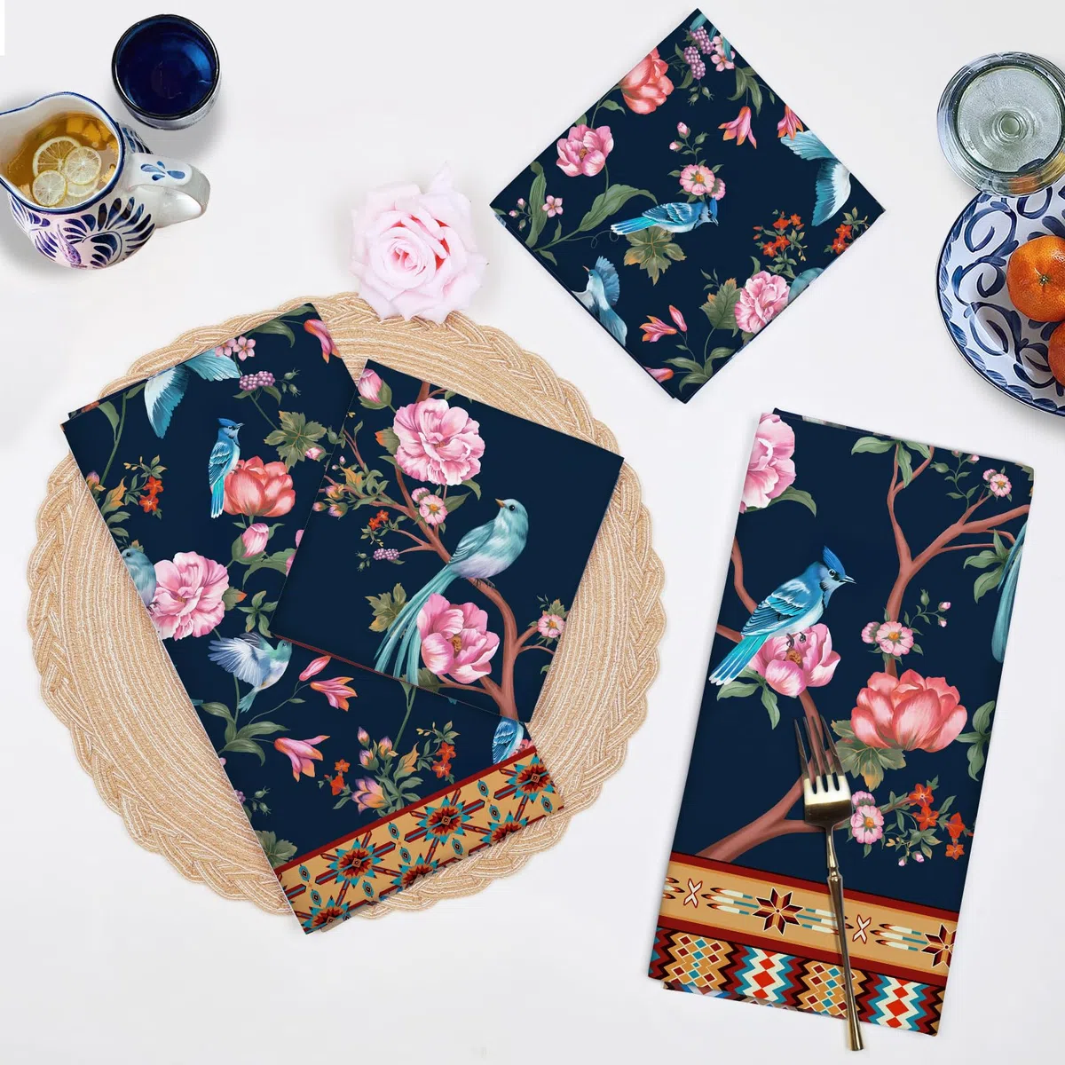 Paños y Toallas de Cocina Algodón Set de 4 - 100% Algodón, Suaves y Absorbentes para Plato, Té y Barra - 48 x 70CM Flores y Pájaros Retros