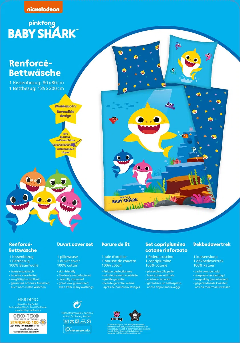 Herding Baby Shark - Juego de Ropa de Cama (algodón, 80 x 80 cm, 135 x 200 cm), Color Azul