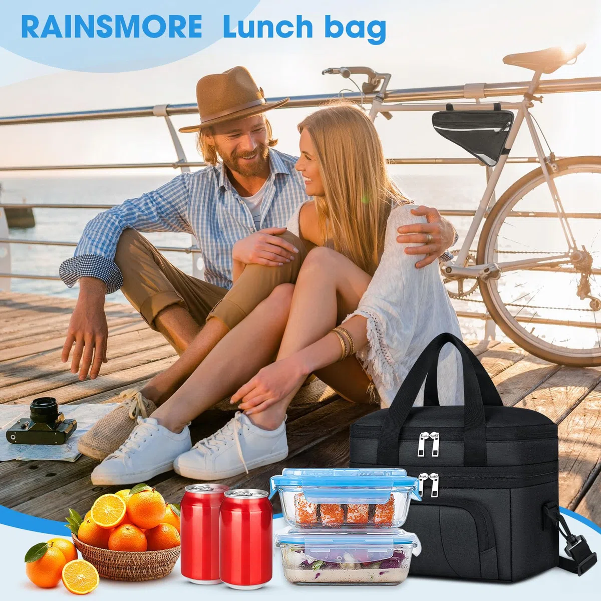 RAINSMORE Bolsa Termica Porta Alimentos 10L Bolsa Comida Trabajo Bolsa Isotermica Lunch Bag Bolsa Almuerzo para Oficina Viaje Pícnic Negro