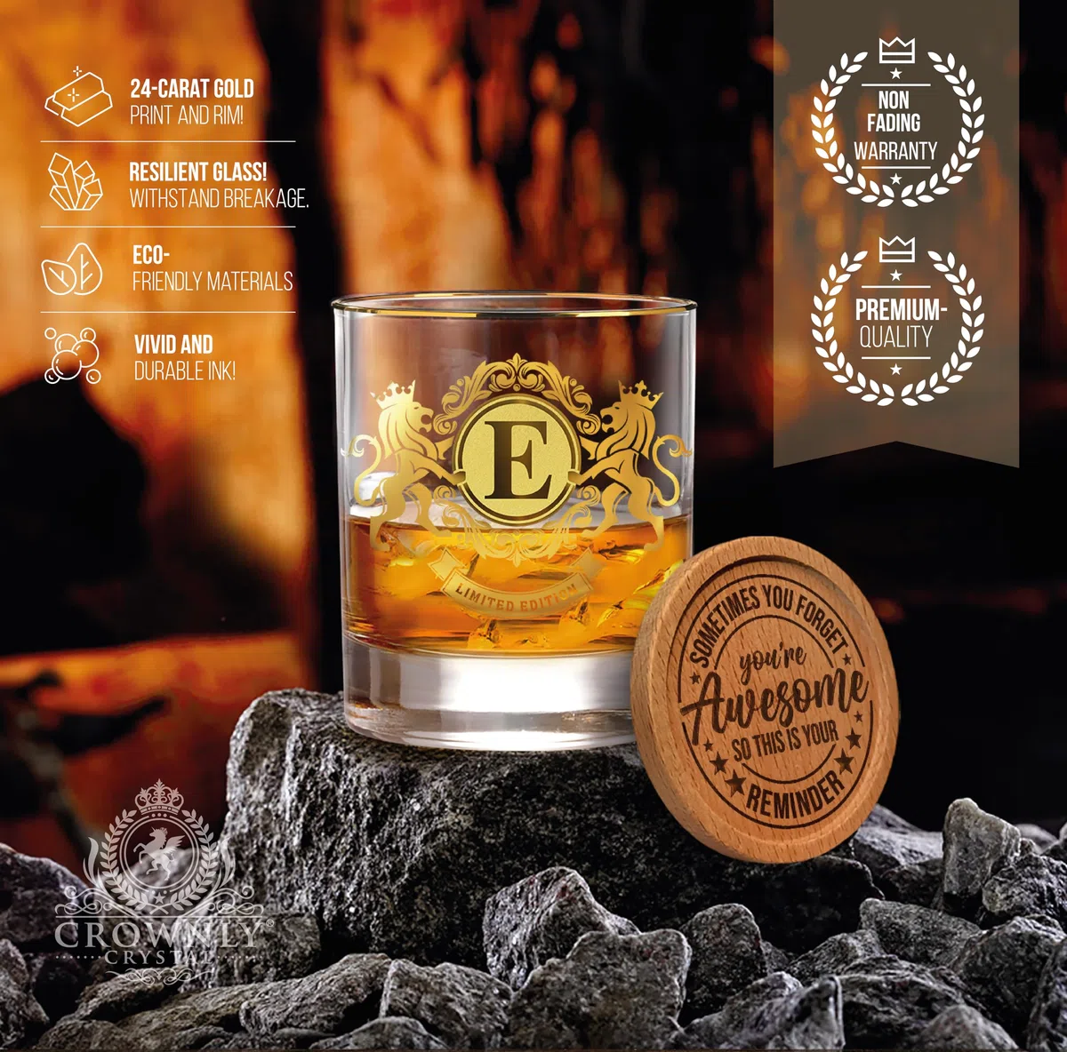 CROWNLY CRYSTAL® Regalo Para Novio Regalos Padre Regalos Para Adolescentes Regalos Originales Para Amigos Regalos Para Mi Novio Vasos Whisky Cristal Regalos Para Hombre Regalos Personalizados (E)