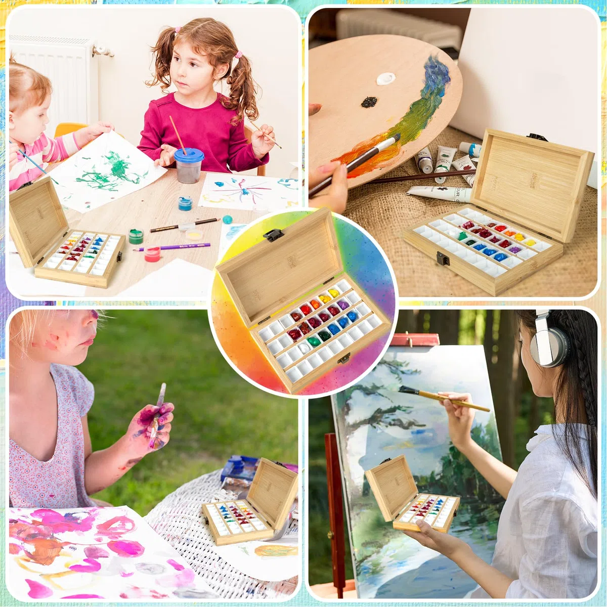 Paleta de Pintura de Madera para Acuarelas con Tapa Hebilla Cuadrada Paleta de Pintura Acrílica con 36 Rejillas para Pintores del Ejército Pintores de Acuarela Artistas Principiantes