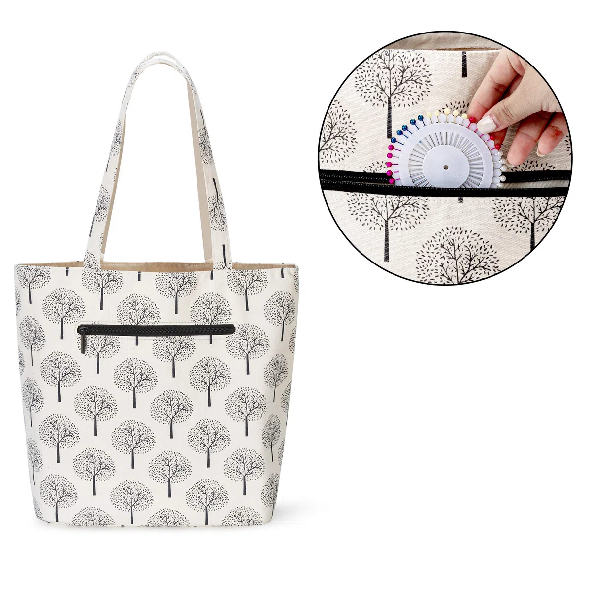 YARWO Bolsa de Tejer, Organizador de Ovillos, Bolsa de Labores con Mango y Bolsillo Separado para Caber Labores de Tejer y Accesorios, Árbol.