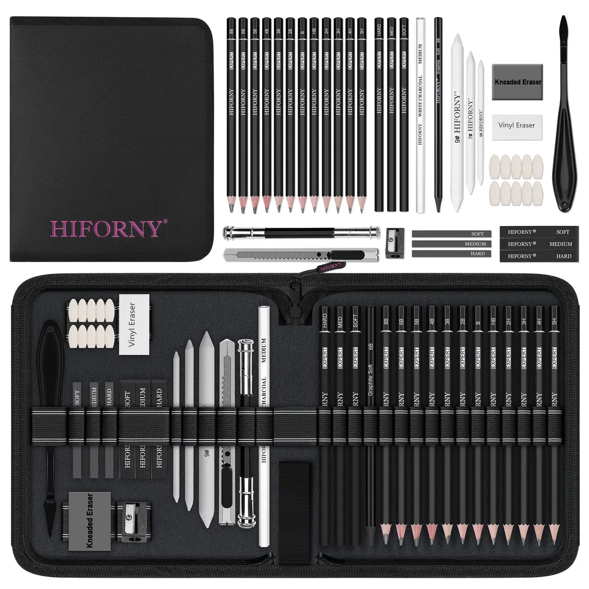 HIFORNY Juego de dibujo de 42 piezas, kit de dibujo con lápices de grafito y carbón, herramientas de mezcla, borradores y accesorios, estuche de viaje portátil con cremallera para artistas y