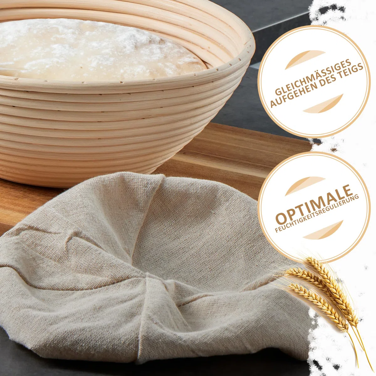 Cesta de fermentación con inserto de lino lavable - cesta de fermentación de mimbre natural - cesta de pan (Cesta de fermentación redonda - 1 pieza)