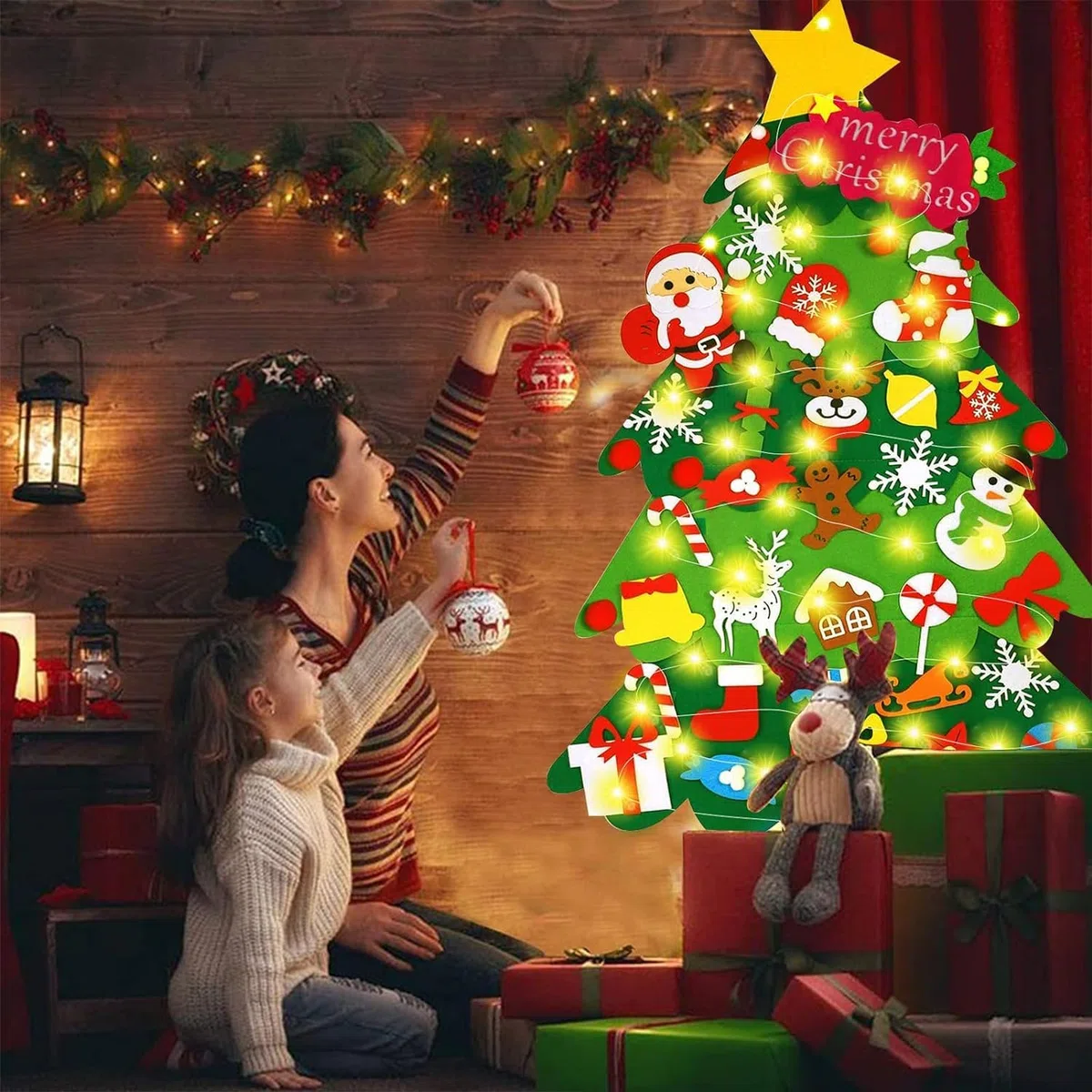35pcs Fieltro Árbol de Navidad, DIY Christmas Hanging Tree ​con Ornamentos Desmontables El árbol de Navidad de 50 Luces LED,para Regalos navideños, Decoración de Navidad para Paredes y Puertas del