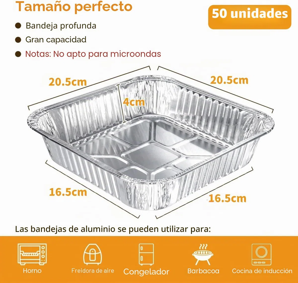LATERN 50 Piezas Bandejas para Hornear de Papel de Aluminio, 20CM x 20CM x 4CM Bandejas Desechables para Asar Apto para Horno y Congelador Cocinar Hornear Sartenes para Asar para Fiestas Servir Comida