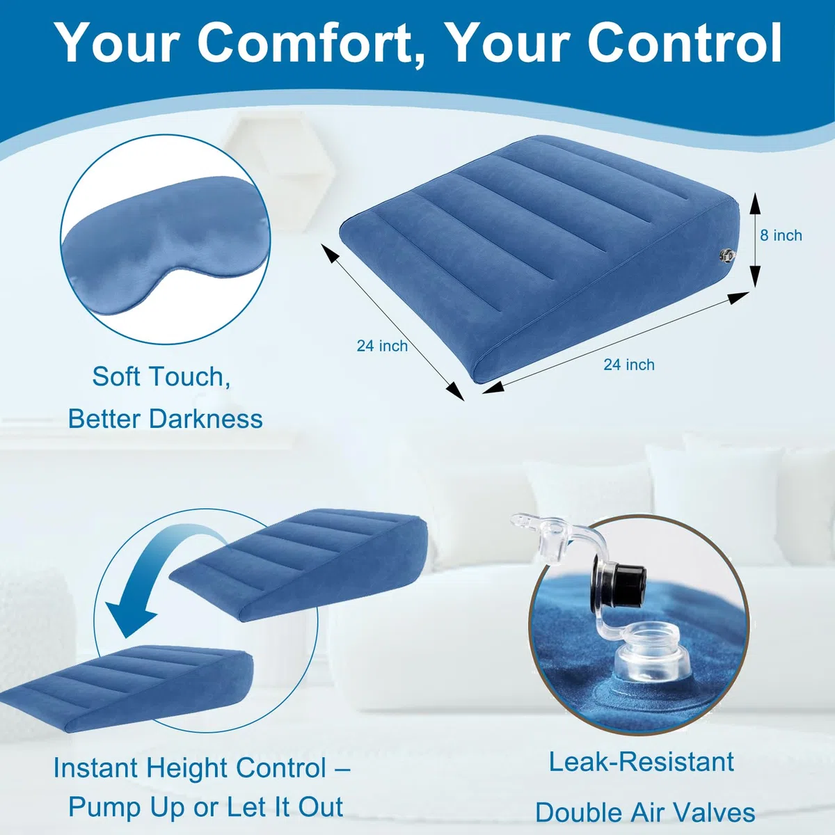 Almohada Cuña Hinchable De Viaje Para Dormir, Cojín Triangular Ergonómico Para Elevar Piernas Y Espalda, Cojín Cuña Portátil Ajustable Con Máscara De Ojos, Soporte Para Cama, Coche U Oficina, Azul