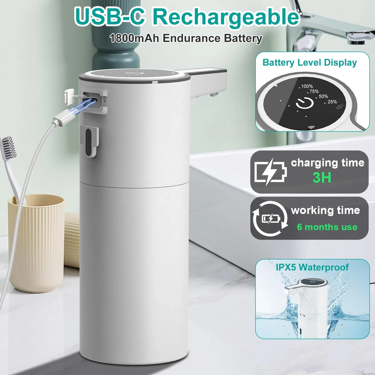 Dispensador de jabón automático sin Contacto, 400 ml, dispensador de jabón de Pared con 4 Niveles Ajustables, Recargable de 1800 mAh, dispensador de líquido Manos Libres para baño y Cocina