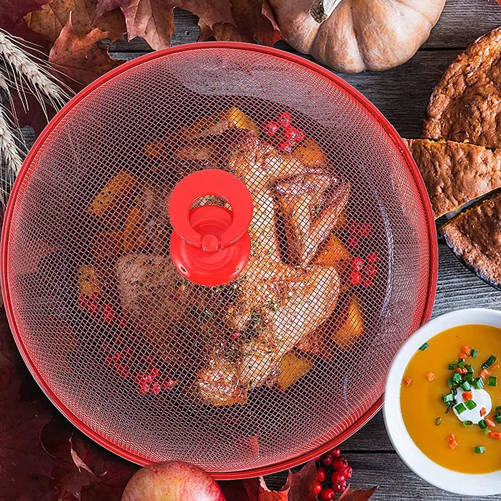3 Piezas Protector de Cubierta de Comida, Cubierta Malla Domo Alimentos, Cubierta Comida Malla Metálica, Cubierta Malla Acero Inoxidable Reutilizable con Asa, para Cocina, Picnic (3 Colores)