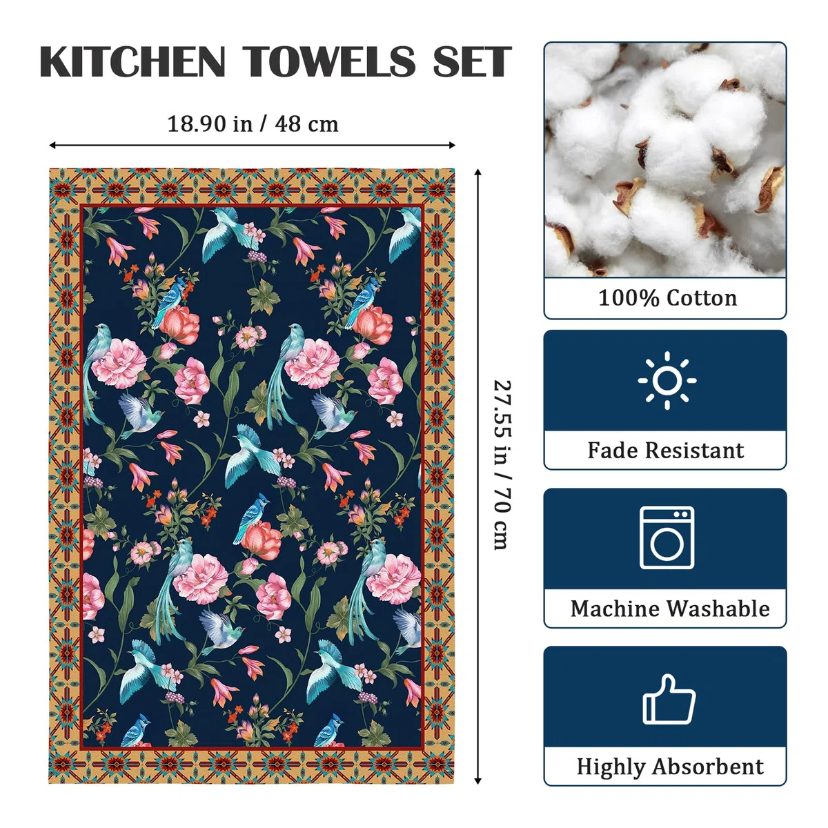 Paños y Toallas de Cocina Algodón Set de 4 - 100% Algodón, Suaves y Absorbentes para Plato, Té y Barra - 48 x 70CM Flores y Pájaros Retros