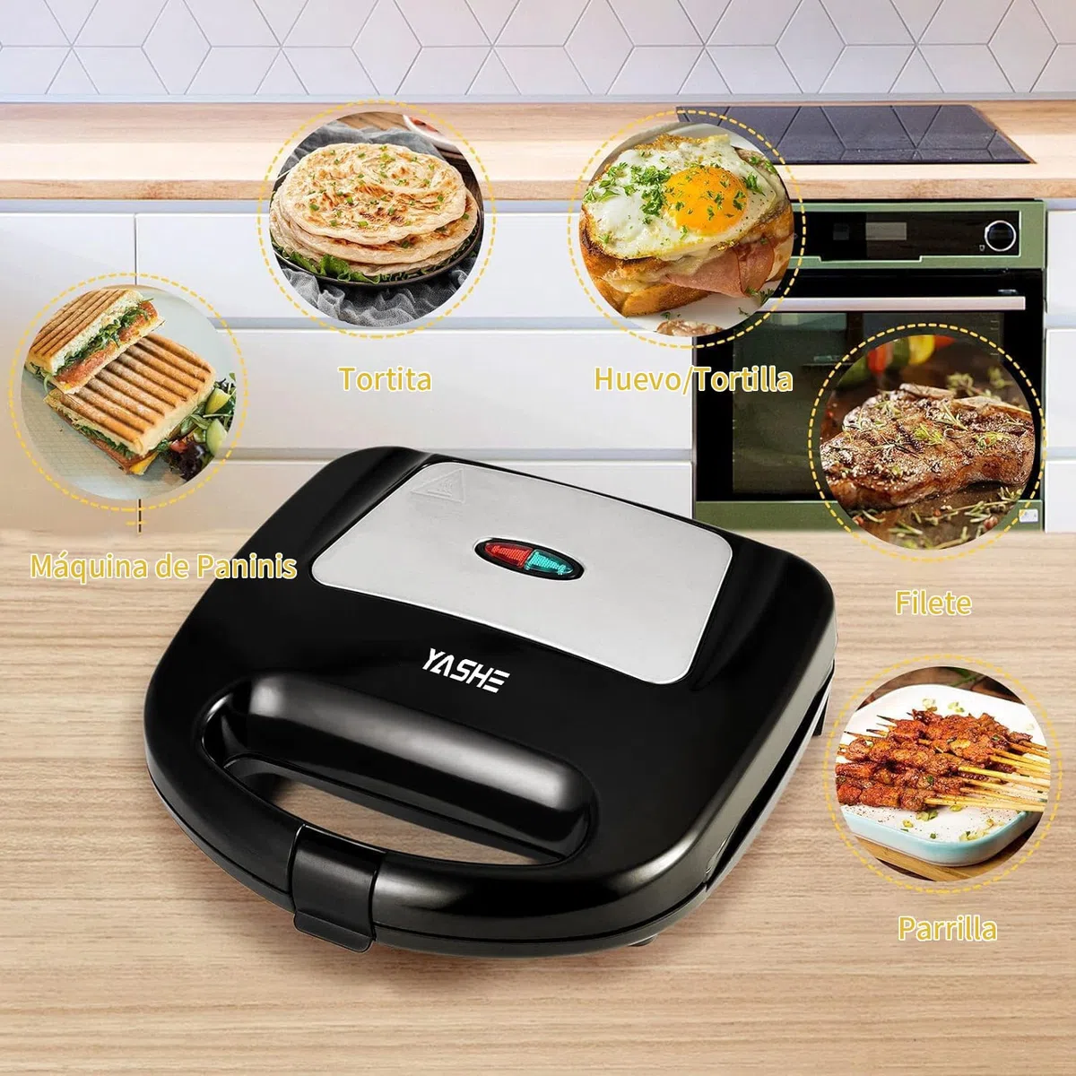 YASHE Sandwicheras, 750W Tostadora Grill, Máquina de Panini con Recubrimiento Antiadherente, Temperatura Automática, LED Indicadoras