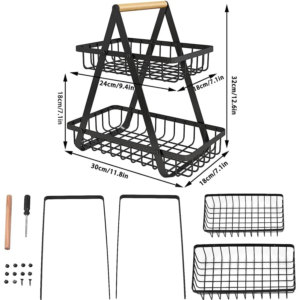 JUVEL Cesta para Fruta 2 Pisos Cesta de pan Cesta de Verduras Soporte de Madera Fruteros de Cocina Modernos Cesta de Frutas Desmontable para Almacenamiento de Cocina