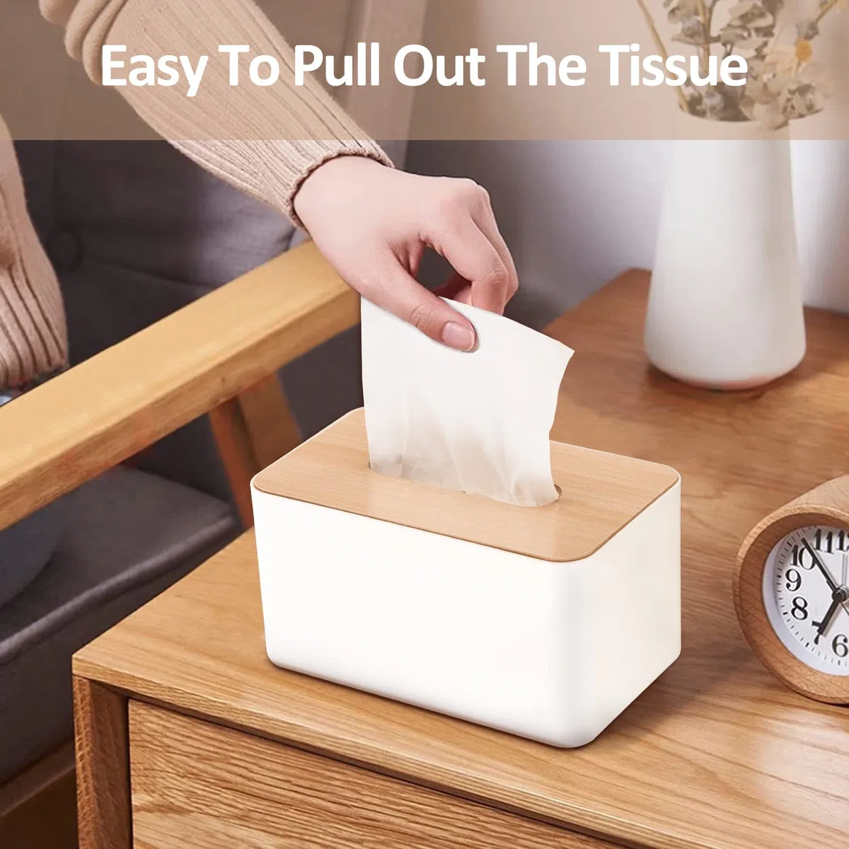 Caja para pañuelos, Caja Pañuelos Papel con Tapa de Bambú, Dispensador de Pañuelos de Papel para Baño, Salones, Coche, 21x13x10cm (Blanco)