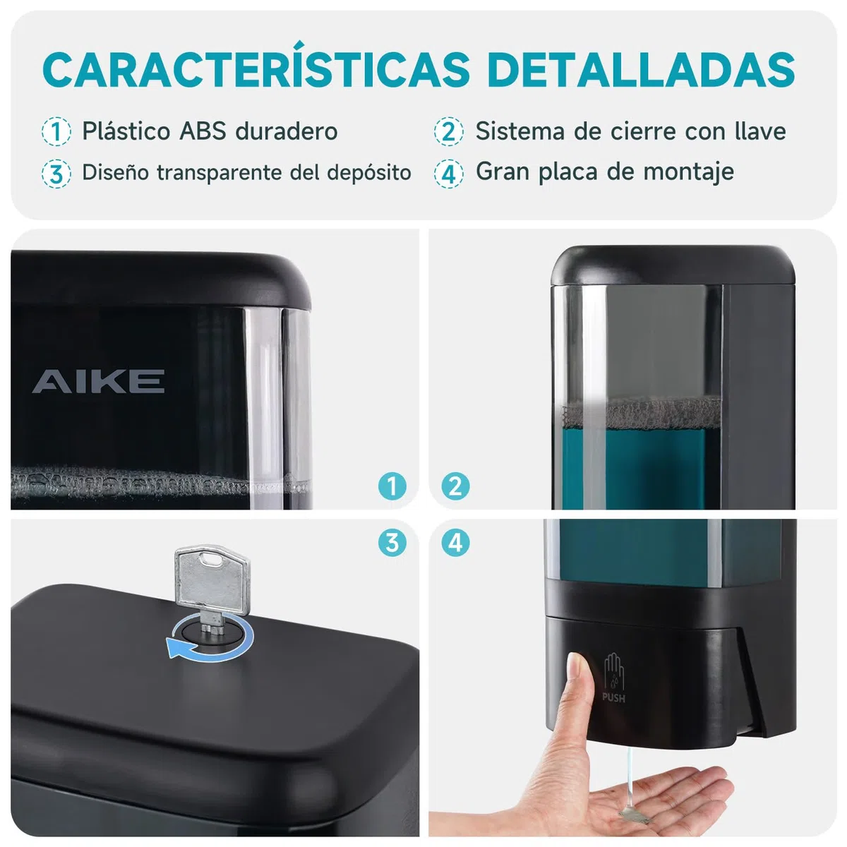 AIKE Dispensador de jabón líquido Comercial de 1200 ml, Gran Capacidad, Bomba Manual montada en la Pared con Cerradura y Ventana Transparente, Ideal para oficinas, Espacios industriales y baños