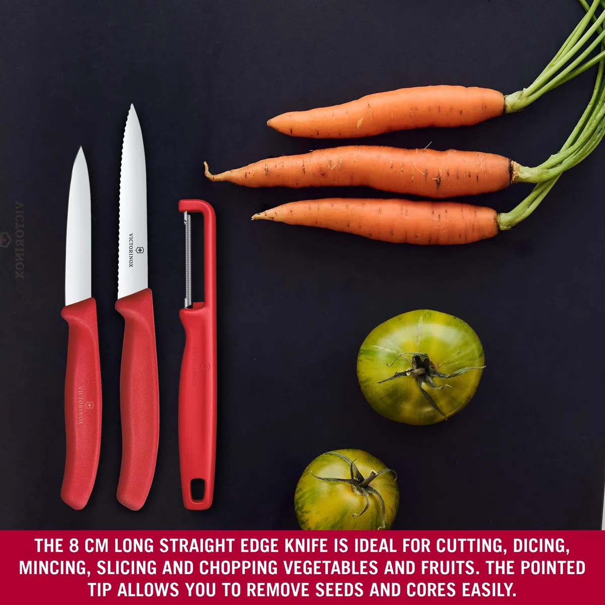 Victorinox Swiss Classic Juego de navajas con pelador, cuchillo para pelar y cuchillo para tomates, 3 piezas, hoja extra afilada, Rojo