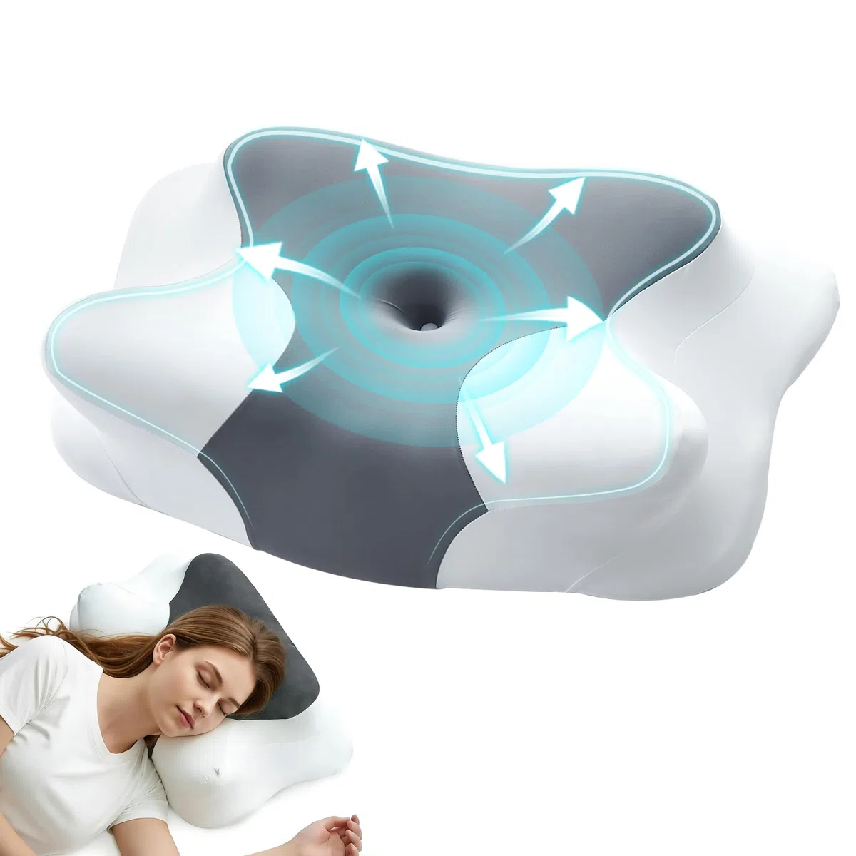 motomoyo Almohada Cervical de Espuma Viscoelástica Ergonomica, Multifuncional para Dormir Boca Arriba, de Lado o Boca Abajo, 63x40cm, Color Gris Blanco, Hipoalergénica