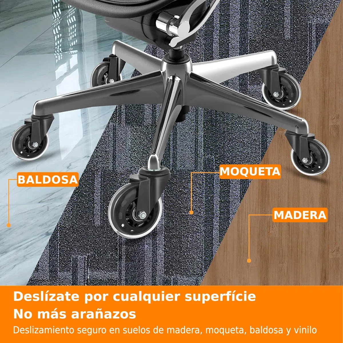 Ruedas Silla Oficina Goma 11 x 22 mm para Pisos de Madera y Alfombras Soportan hasta 300 Kg - Set de 5 Ruedas para Sillas Oficina Silenciosas y Resistentes que No Rayan El Suelo Transparentes