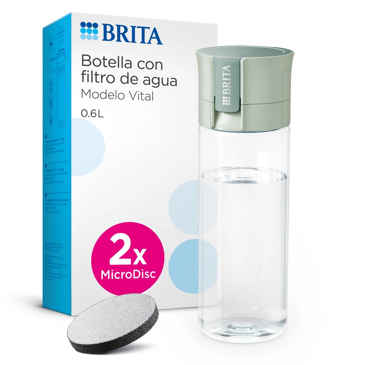 BRITA Botella filtrante de agua modelo VITAL Verde Claro (600 ml) con 2 filtros MicroDisc, para hidratarse en cualquier lugar, elimina cloro, impurezas, hormonas y preserva minerales.