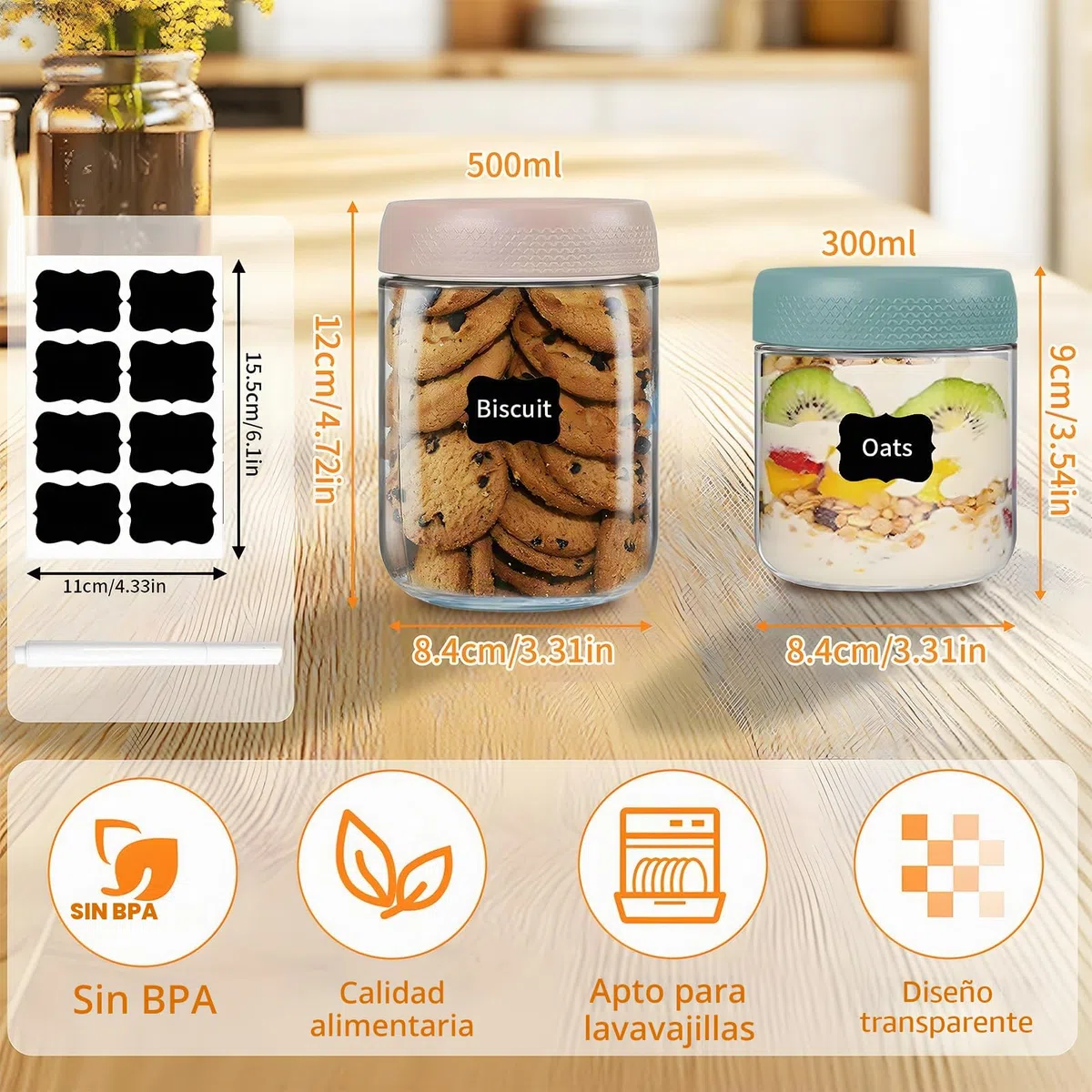 6 Pack Tarros de Avena Nocturna, Tarros de Cristal con Tapa Hermética (300ml+500ml), Mason Jars para Frigorífico, Despensa, para Overnight Oats, Yogur, Mermeladas, Ensaladas, Encurtidos