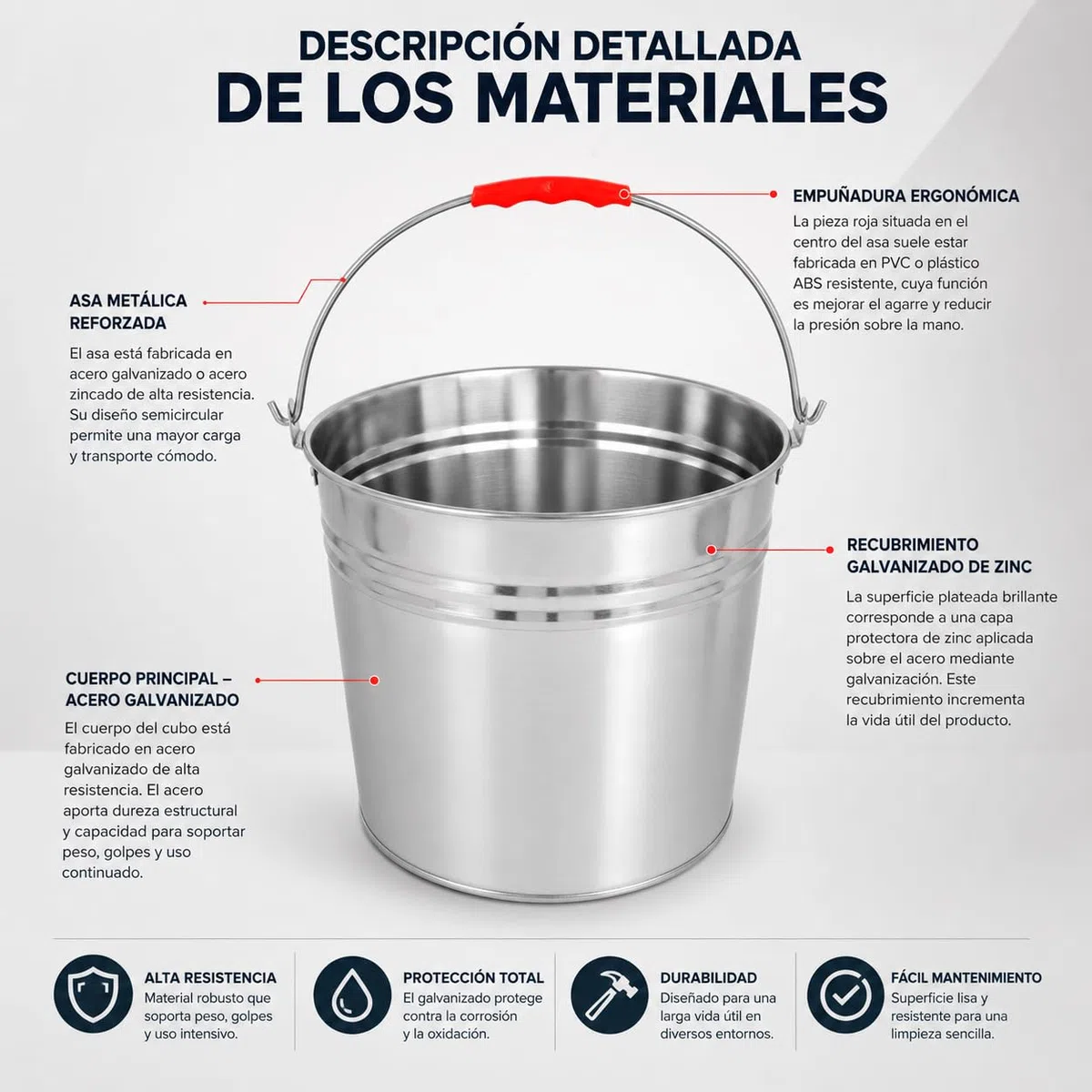 CABLEPELADO - Cubo de Acero Galvanizado con Asa Reforzada | Capacidad de 16 litros | Cubo de Metal Multiusos para Jardín, Hogar y Obra | Resistente a la Corrosión y a la Intemperie | Plata