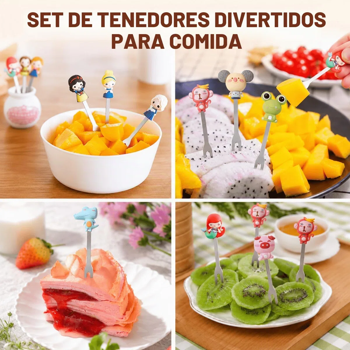 Mini Tenedores de Fruta Decorativos en Forma de Animales, ZAKVOP Tenedores de Acero Inoxidable con Asas de Silicona y Tarros de Almacenamiento de Cerámica