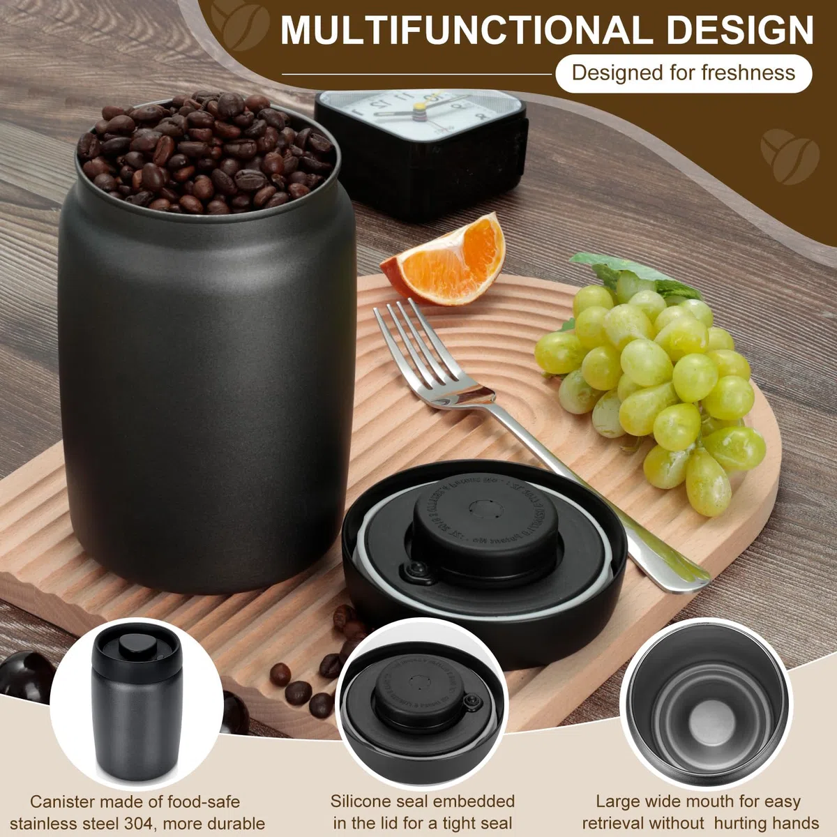 Cozary Bote para Café, Tarro de 1.2L Hermético de Acero Inoxidable con tapa de vacío, para almacenar granos de café, té, nueces, especias, cacao, etc (negro)