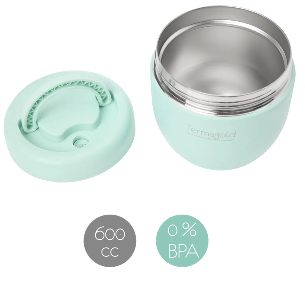 Termos ONNA Colección TERMAGOLD Para Alimentos Sólidos 600ml - (Fríos/Calientes) Acero Inoxidable 304, Cierre Hermético, Asa, y válvula anti vacío. Lavable en Lavavajillas (verde)
