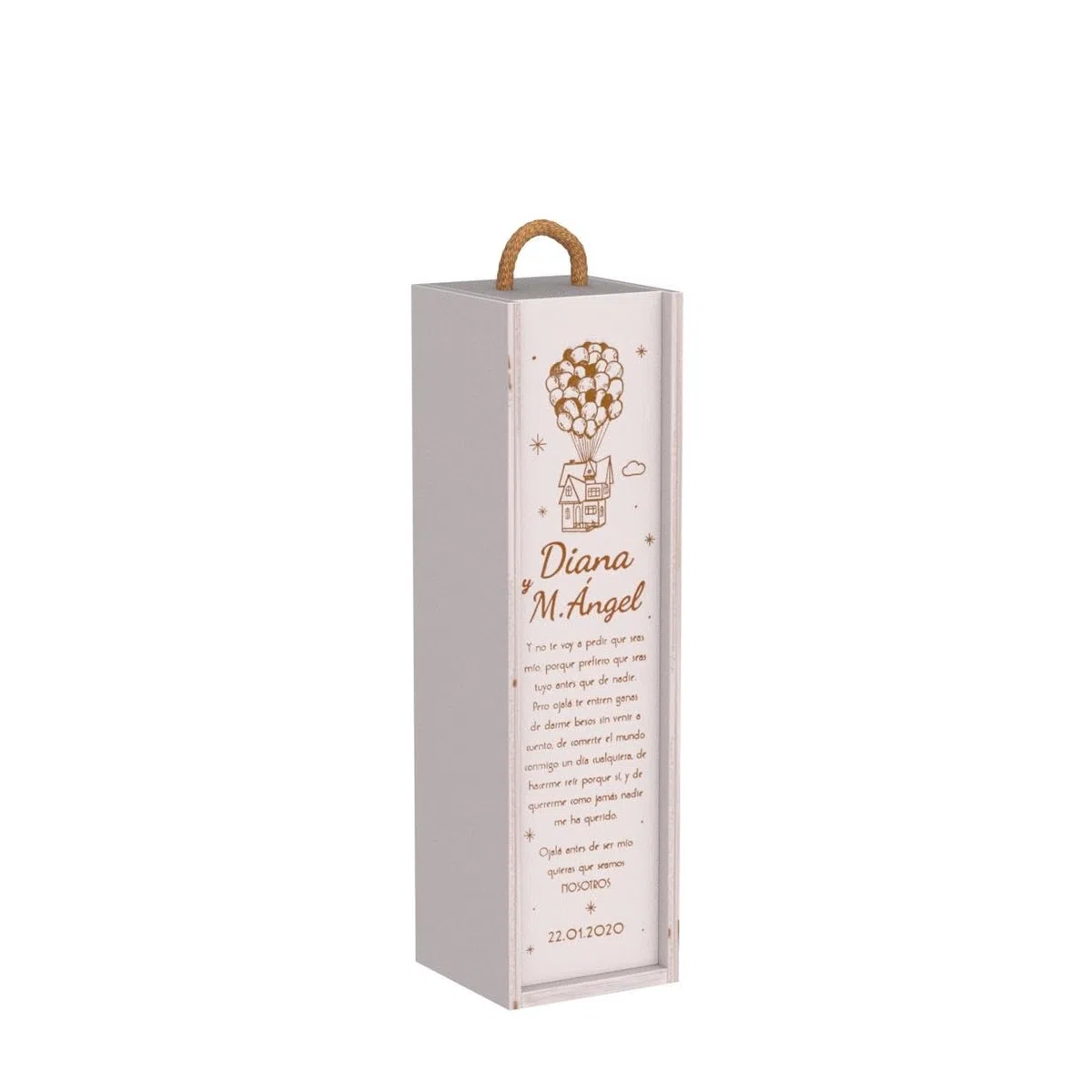 MONAMI - Caja de vino personalizada en madera de pino, grabada con dedicatoria. Regalo original boda, pareja, padrino, madrina, día del padre, testigos. Tapa deslizante y asa superior