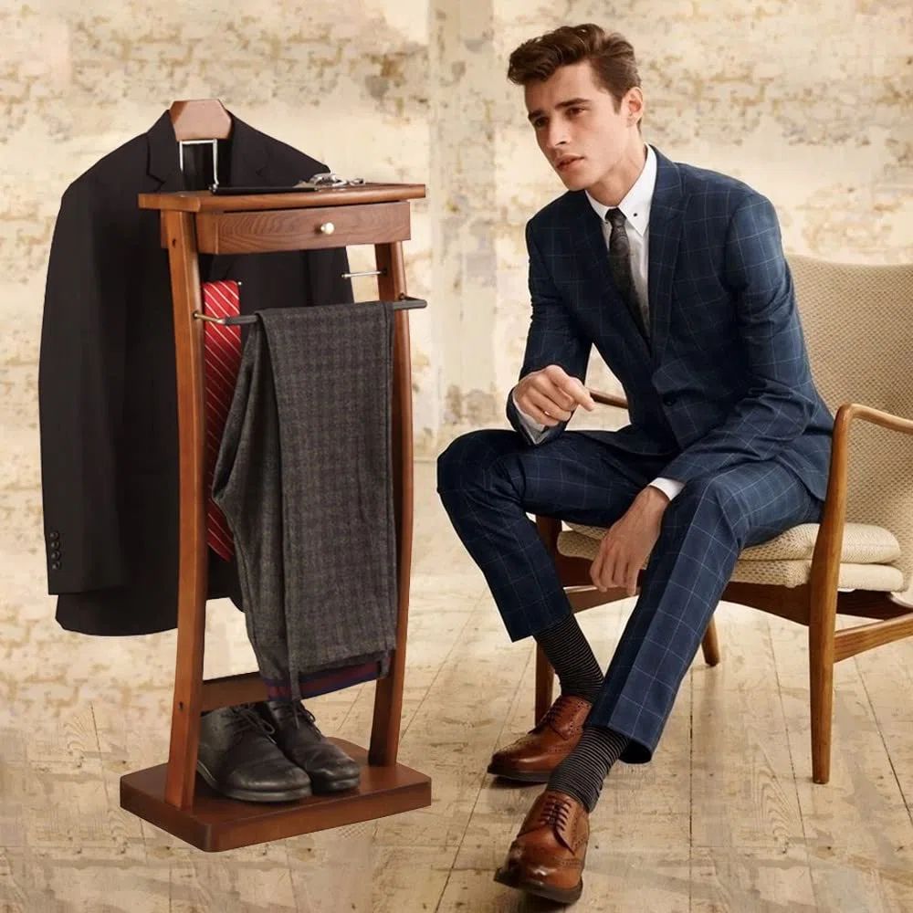 RajoNN Perchero de pie para Ropa, con cajón, para Trajes, de Madera Maciza, Organizador fácil de Montar para Oficina, Sala de Estar, Dormitorio