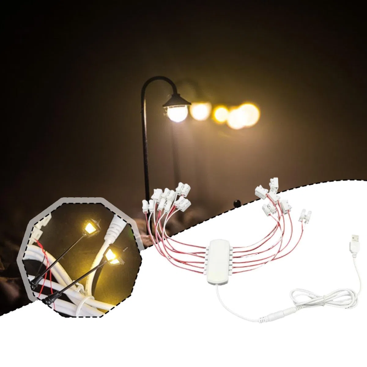 Fuente de Alimentación para Mini Lámparas Cableado Modelo Distribuidor Led USB Material PP Adecuado para Modelos Constructivos, Dioramas, 12 Puertos