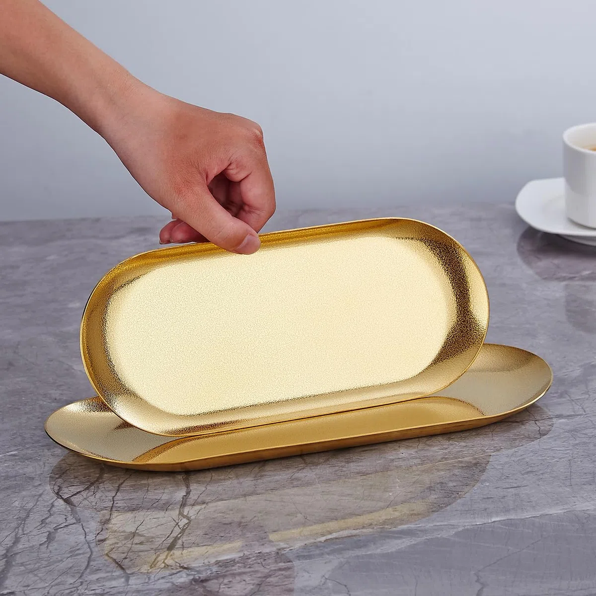 SANQIAHOME Platos de aperitivo óvalo de 21x9cm, juego de 4,platos llanos de acero inoxidable grueso, platos de postre de pasta para sushi, horno de frutas/lavavajillas apto,Oro