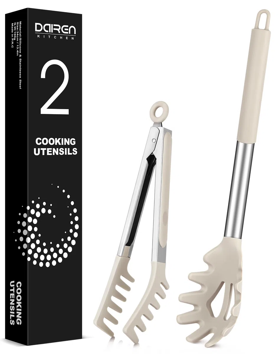 Cuchara de espagueti y pinza para pasta, cuchara de silicona antiadherente con dientes y mango de acero inoxidable, pinza de espagueti, clip de comida para fideos de espaguetis (KHAKI)