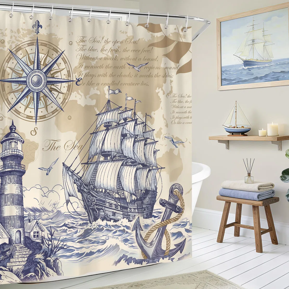 Retro Náutico Cortina de Ducha 180x200 cm Velero Faro Ancla Brújula Gaviota Costa Olas Impermeable Poliéster Azul Cortina Bañera con 12 Ganchos Lavable a Máquina para Baño Bañera