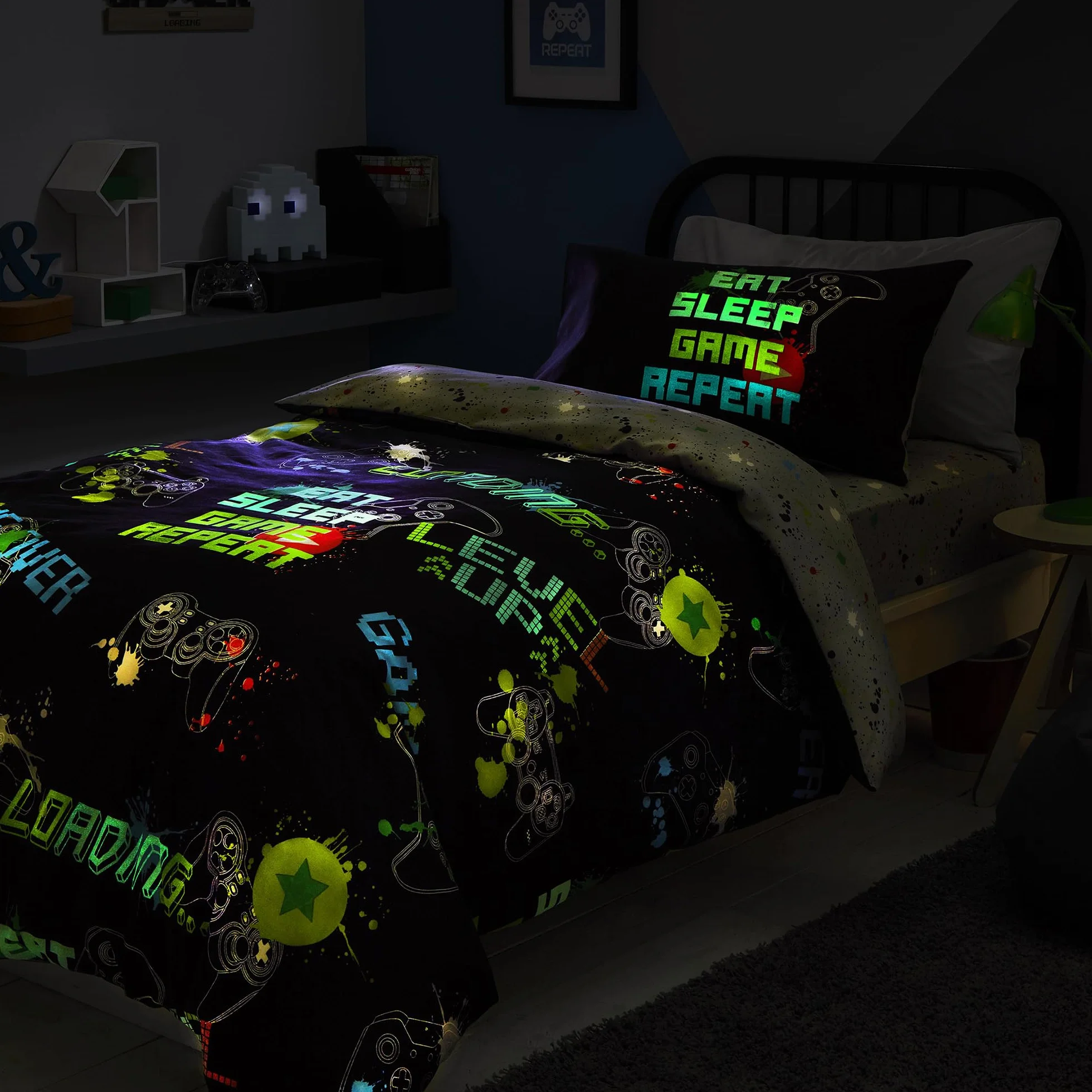 Bedlam - Funda de edredón Negra con diseño de Videojuegos, tamaño Individual (200 x 140 cm), Ropa de Cama Que Brilla en la Oscuridad, Reversible (2 diseños), Ropa de Cama para Videojuegos, Funda