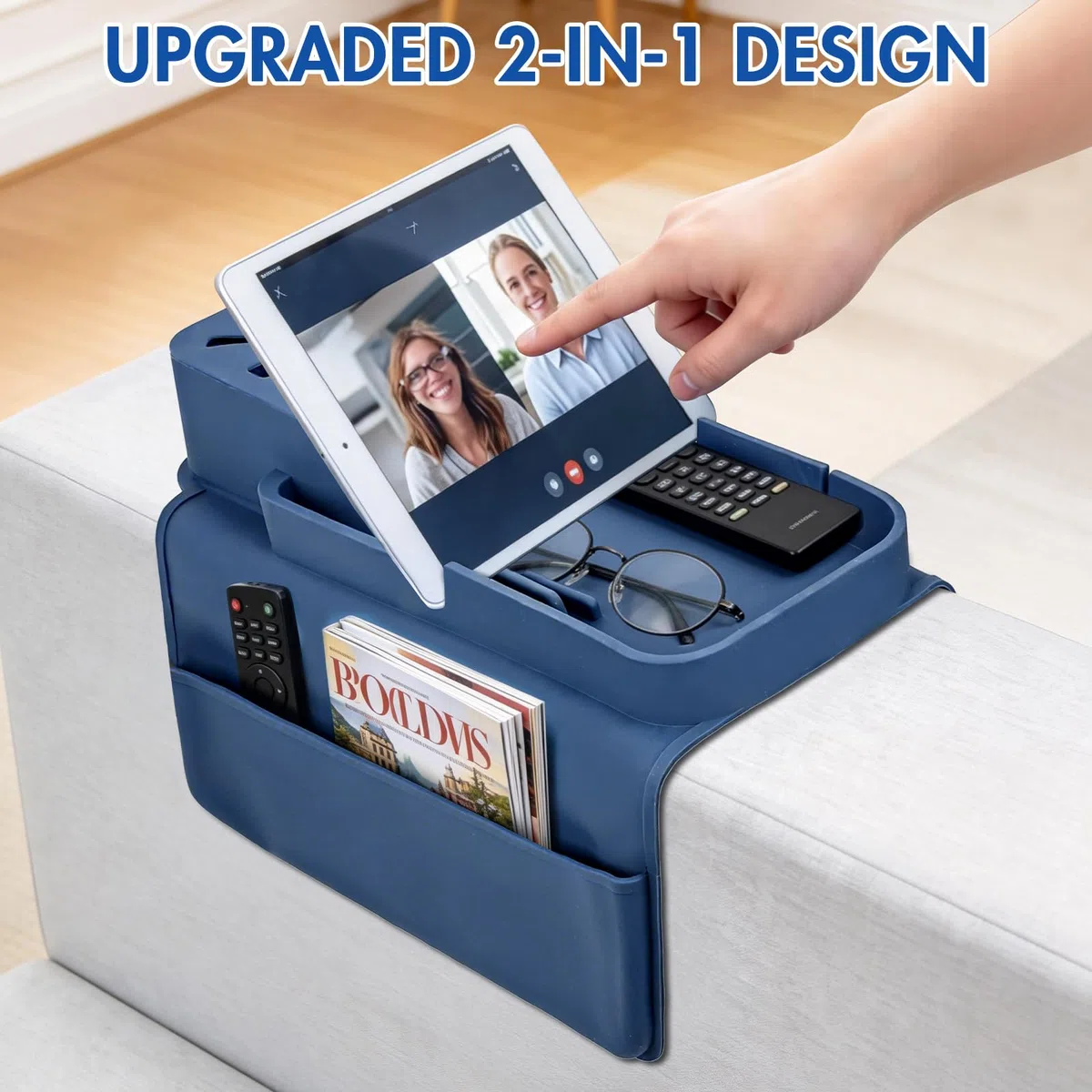 Reposabrazos Sofa Silicona Antideslizante, Bandeja Sofa con Soporte Móvil y Tablet, Organizador de Mando, Bandeja Reposabrazos Sofa de Brazo con Portavasos, Impermeable para Bebidas (Blue)