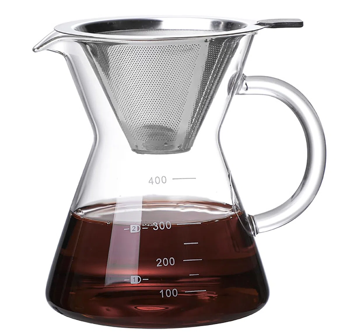 Cafetera para verter con filtro de goteo de acero inoxidable reutilizable, juego de cafetera de goteo de vidrio, jarra de café de vidrio de borosilicato sin plomo para 1-2 tazas, transparente