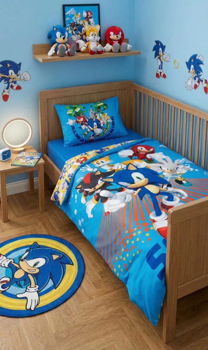 Sonic Funda Nórdica Bebé 100x135 + Funda Almohada 40x60 Tails Knuckles Azul | Ropa de cama bebé reversible | Algodón natural suave transpirable | SEGA oficial | Niño 0-3 | Cuna | Regalo | Idea regalo